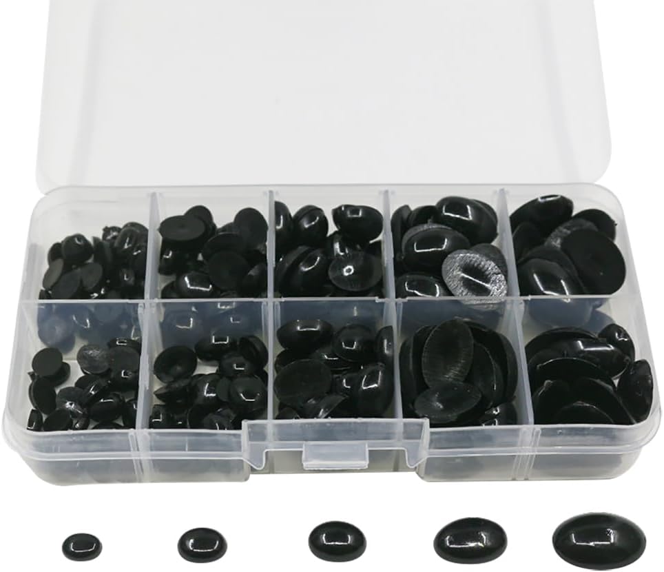 180 Pcs Oval Craft Doll Eyes Plastic Animal Noses 5 Sizes Flatback Bear Eyes Cabochons Assorted Size Safety Eyes for Stuffed Animals Crochet Bears Doll Making Supplies Black