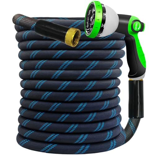 Junredy Garden Hose 75 FT, NON-EXPANDABLE Heavy-Duty Flexible & Lightweight Water Hose with 10-Function Nozzle, No-Kink, Leak-Proof Super Fabric, Solid Fittings for Lawn, Car, Outdoor (Black Blue) by Junredy - Used condition - US$40.62