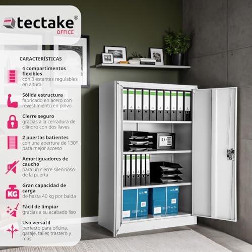 TecTake® Armario Archivador, Cierre De Seguridad, 4 Alturas, Cajones Ajustables, Mueble Oficina, Acero, Puertas Reforzadas, Limpieza Sencilla, Candado De Seguridad - 140x40x90cm Gris - Imagen 5