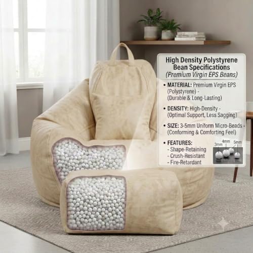 Image of KAM'S LIEU 5XL Premium Imported Suede Bean Bag Chair with Footrest & Cushion | Filled with High Density Polystyrene Beans | Premium Soft Fabric | Ready to Use Color- (Cream, 5XL)