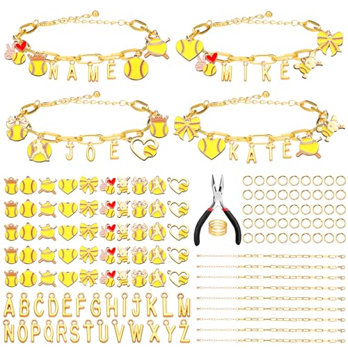 Kigeli 394 Pcs Softball Baseball Charms Bracelets Making Kit Sports Bracelets for Women DIY Name Football Soccer Jewelry Craft Adjustable Gold Letter Charm for Sport Team Gift(Softball Yellow)