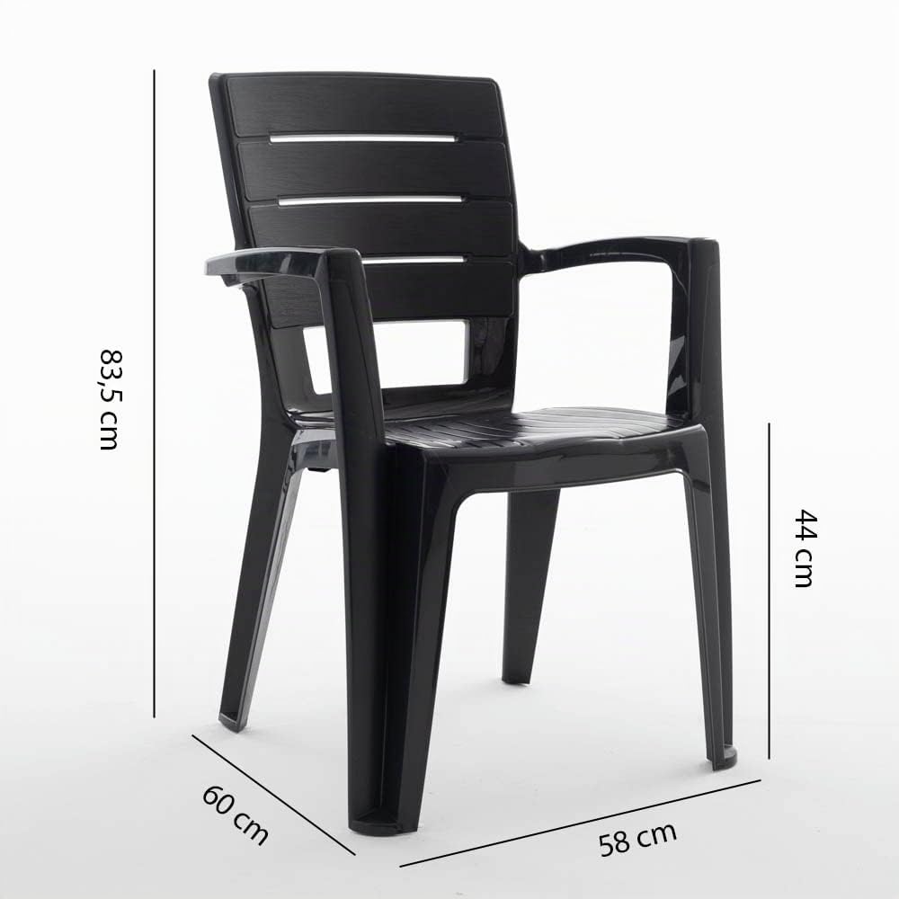 Conjunto jardín exterior mesa y sillas para 6 personas, mesa rectangular de acero con listones de polietileno efecto madera, 6 sillas apilables de resina - Thomas & Anita (Antracita)