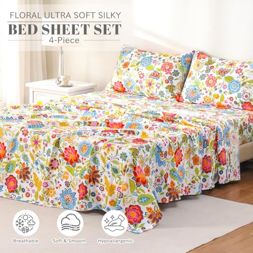 Bedlifes Twin Sheet Set Ultra Soft, Breathable, Silky Flower Deep Pocket 100% Microfiber Bedding, 3 Piece Twin Size with Floral Spring Design
