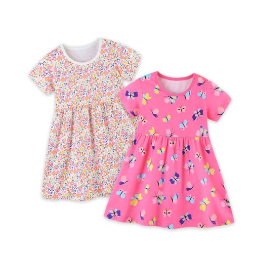 Girl's Summer Dresses Cotton Short Sleeve and Sleeveless Dress for Kids Girls Casual Skater Playwear Dresses Set 2 Pack