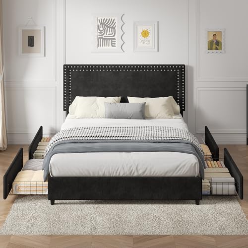 Image of VECELO King Size Upholstered Bed Frame with 4 Storage Drawers, Adjustable Velvet Rivet Decor Headboard, Wooden Slats Platform Support, No Box Spring Needed, Easy Assembly,Black