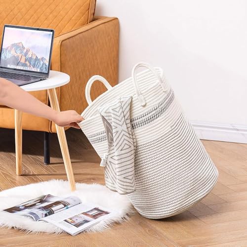 Image of Laundry Basket for Clothes | Cotton Rope Laundry Basket with Handles | Foldable Clothes Storage Basket for Bedroom, Bathroom & Laundry Room | Laundry Bag for Clothes, 38 x 38 x 46 cm