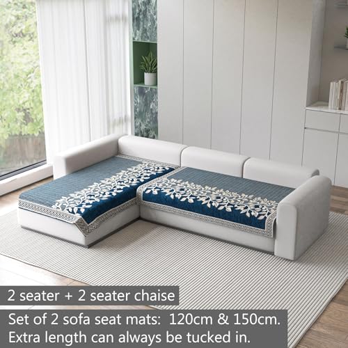 Image of Nendle Superior Velvet Floral Sofa Mat 4 Seater Set Cover Durable Protector for Living Room Sofa Set 2+2, Suitable for L Shape, Sectional and U Shape Sofa (Color Blue, Pack of 2)