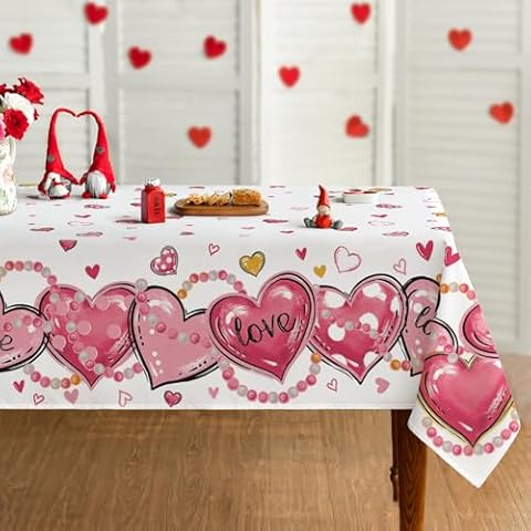 Horaldaily Valentine's Day Tablecloth 60×104 Inch Rectangular, Love Hearts Pink Washable Table Cover for Party Picnic Dinner Decor Cover