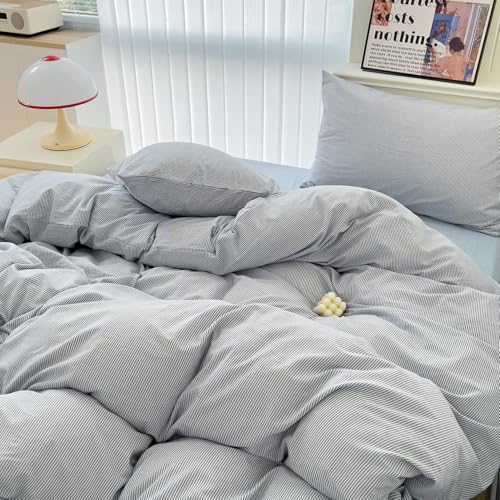 Image of mixinni Striped Duvet Cover Set- 100% Washed Cotton Blue Comforter Cover with White Pinstripe Stripes Pattern Printed Bedding Set with Zipper Closure, 3 Pieces,Full Size