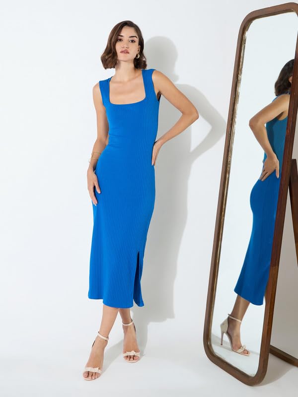 Image of barcino Black Rib Square Neck Sleeveless Midi Dress