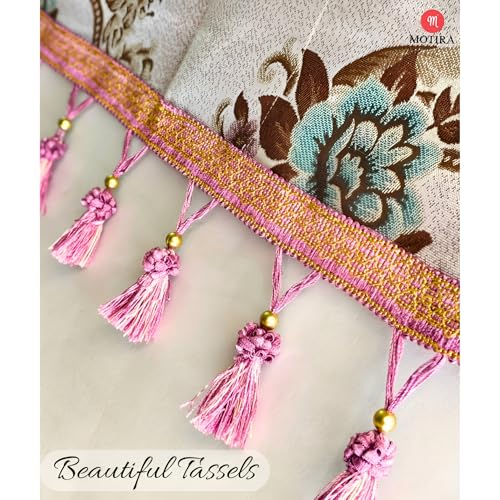 Image of Fridge Top Cover by Motira - Floral Embroidered Protector with 6 Utility Pockets and Tassels, Washable Fabric 54 x 120 CM (Pink).
