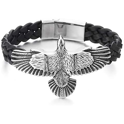 iMECTALII Mens Stainless Steel Vintage Flying Eagle Black Braided Leather Wristband Bangle Bracelet, Rock Punk Cover