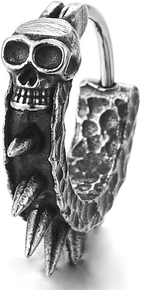 Stainless Steel Skull Hoop Earrings Spike Circle Huggie Hinged, for Men Women, 1 Pair - Image 2