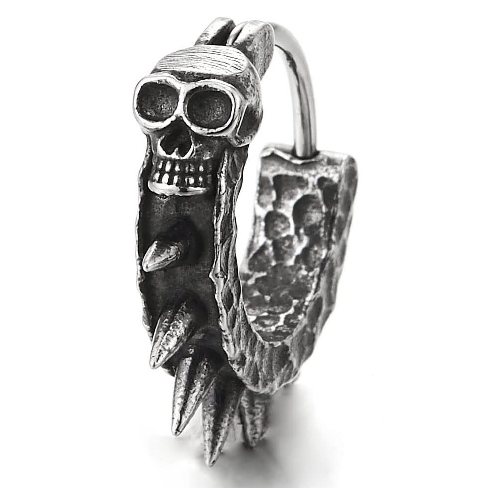 Stainless Steel Skull Hoop Earrings Spike Circle Huggie Hinged, for Men Women, 1 Pair2