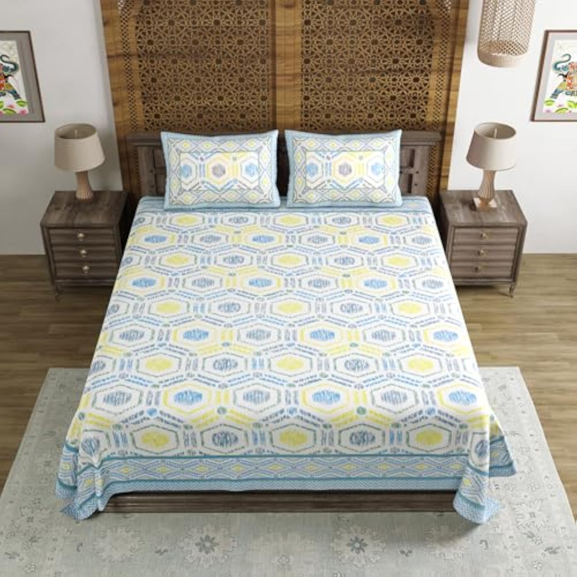 Hand Block Print Cotton King Size Double Bedsheet, Grey Ikat