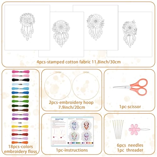 Image of BEUNITONE 4 Set Dream Catcher Embroidery Kit for Beginners 7.9 inchx7.9 inch