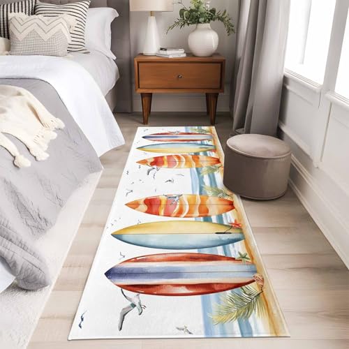 2x6ft Washable Area Rug,Fluffy Large Carpet Summer Watercolor Surfboard Soft