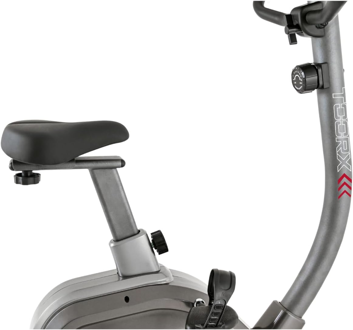 ด้านข้าง view of the TOORX BRX-75 EASY exercise bike, illustrating the adjustable seat and handlebar post.