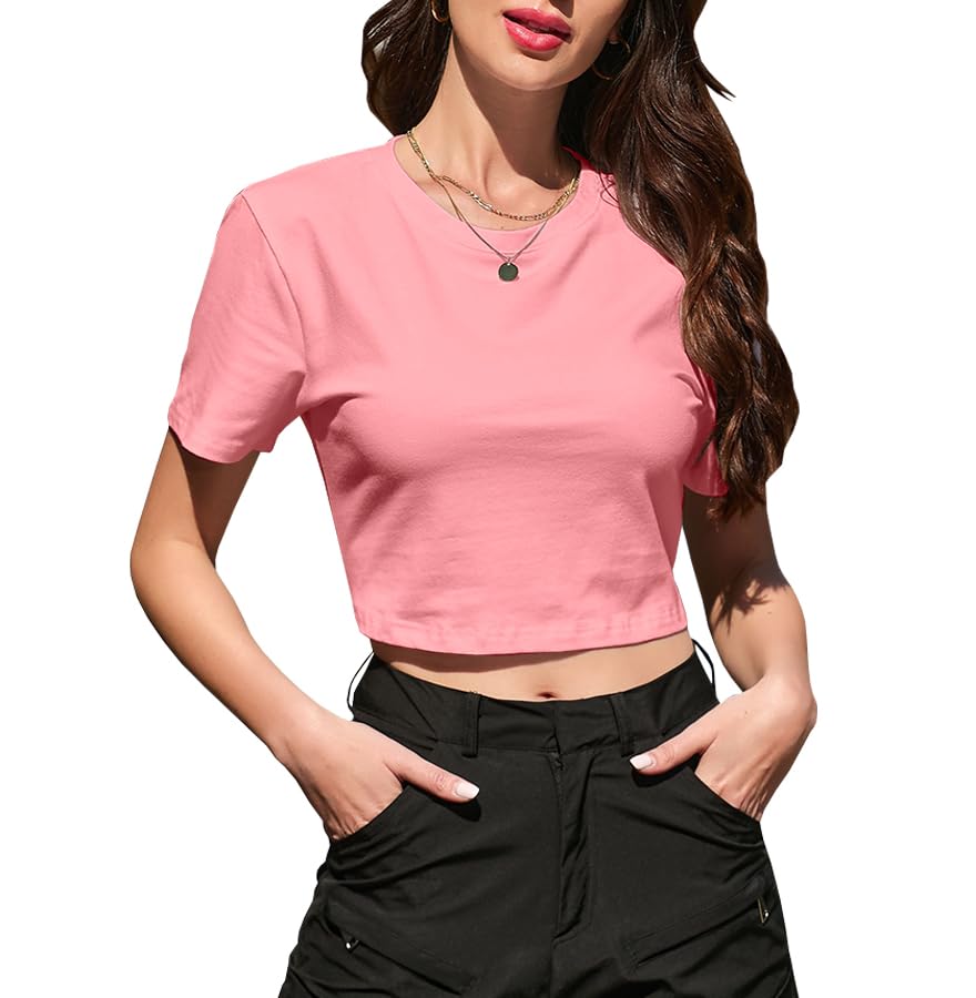 Image of Betusline Girls & Women Basic Summer Short Sleeve Slim Fit T-Shirts Soft Crewneck Crop Y2k Tee Cute Gym Fashion Clothes