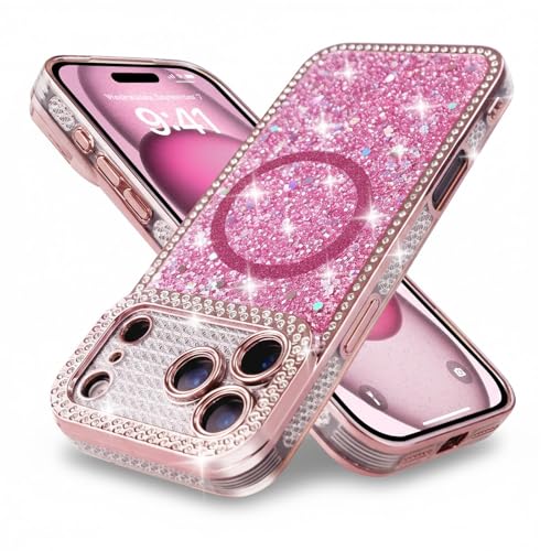 Coque iPhone 17 Pro Max rose pailletée avec protection militaire anti-choc