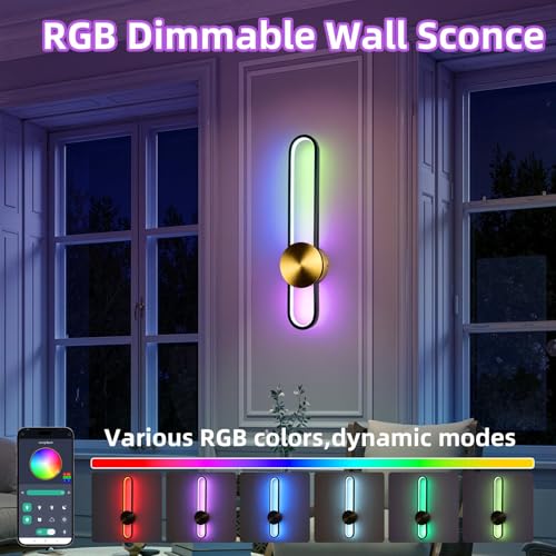 Image of JAYMP RGB Modern Wall Sconce Dimmable LED Wall Light Fixture with Remote & APP, Hardwired Wall Lamp for Living Room, Dining Room, Bedroom, Hallway, Entryway, 1 Pack (Brushed Black,RGB, H56cm /22inch)