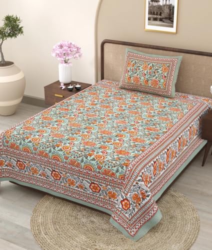 Image of elanorhomes Fulwari Garden Single Bedsheet - Ultra Soft Pure Cotton | Traditional Indian Print | Premium 240 TC 60x90 inches | 1 Matching Pillow Cover