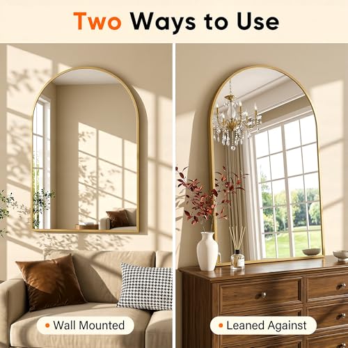 Image of Antok Arched Bathroom Mirror, 20 inchx30 inch Wall Mounted Mirror, Vanity Mirrors for Over Sink, Aluminum Alloy Frame Bathroom Mirrors Living Room, Bedroom and Entryway, Gold
