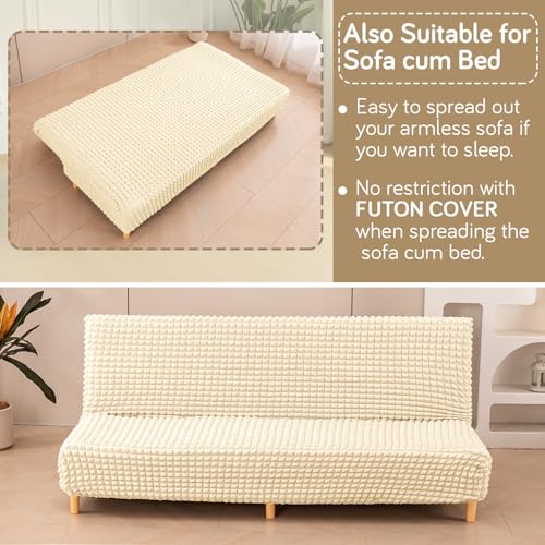 Image of HOKIPO Armless Sofa Cover for Sofa Cum Bed, 280 GSM Stretchable Elastic Futon Slipcover, 'Aria Nova' (Medium) Light Cream (AR-6702-CRM)