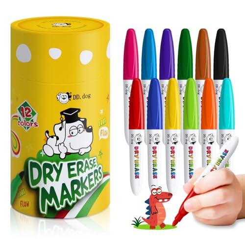 DD.DOG Mini Dry Erase Markers for Kids Small 12 Colored Non-Toxic Fine Tip White board Markers Low-Odor Whiteboard Markers Set for Classroom Home & School Art Supplies (12 Pack)