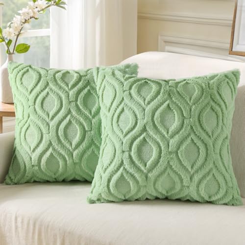 decorUhome Throw Pillow Covers 20x20 Inch Set of 2, Soft Plush Decorative Faux Fur Sage Green Solid Couch Pillow Covers, Accent Farmhouse Neutral Square Euro Pillow Cases for Sofa Bed Living Room