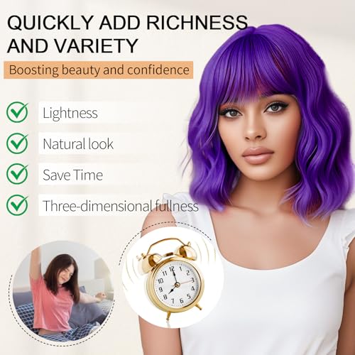 Image of AGO Purple Wig with Bangs Short Loose Wave Pastel Bob Wigs Shoulder Length Synthetic Hair for Women Girl Synthetic Heat Resistant Fiber for Daily Party Halloween Cosplay Use(415#Purple)
