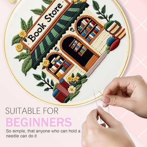 Image of Huacan Embroidery Kit for Beginners Pre-Stamped Pattern Kits for Adults with Hoop, Easy to Follow Color Thread Needlework
