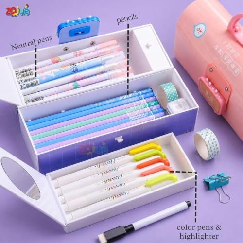 Image of Pink Unicorn Pencil Box Set with Eraser, Lockable School Case | Pink unicorn pencil box with handle, lock design and push-pull eraser for organized school supplies.