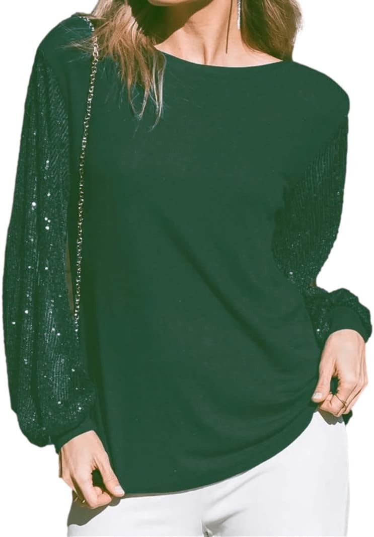 Womens Flutter Sleeve Boatneck Sparkly Holiday Party Blouse Casual Loose Sequin Tunic Tops