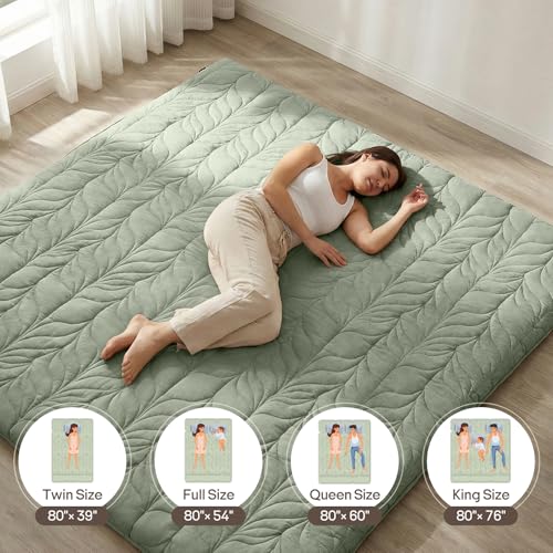 Image of ZonLi Japanese Floor Mattress Futon Mattress King Size, 6 inch Thicken Roll Up Tatami Mat 100% Cotton Washable Cover, Portable & Foldable Floor Bed Mattress for Sleeping, Dormitory, Adult Kids, Green