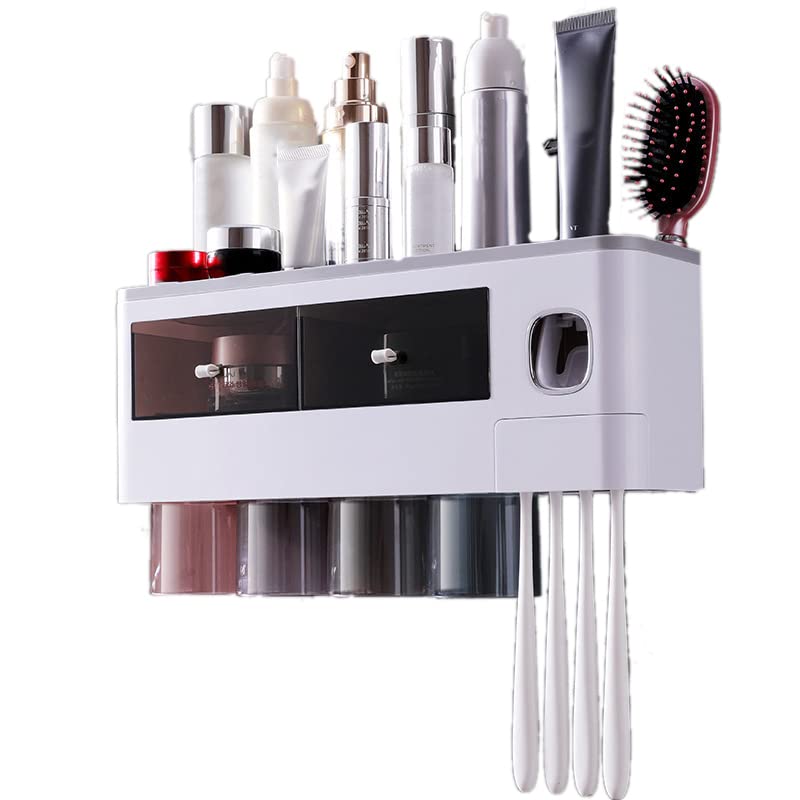 Mensola per Spazzolini da Denti a Parete, Portaspazzolini con Dispenser per Dentifricio per Bagno (Grigio traslucido da 4 tazze)