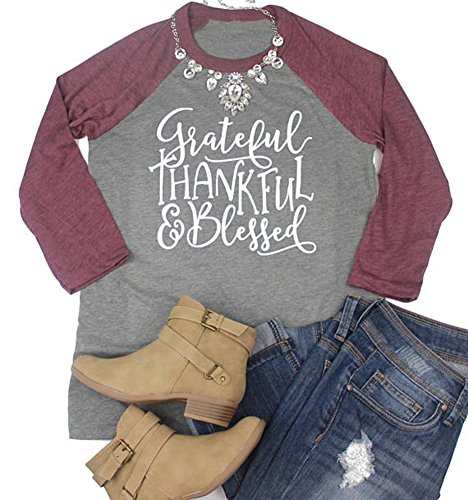 HDLTE Women's Thanksgiving Thankful Blessed Print O-Neck Casual Long Sleeve T-Shirt (Gray1, XXL)