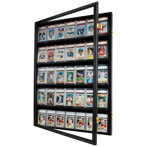 Image of DisplayGifts PRO-Collector's 35 Graded Sports Card Display Case, for Football, Baseball, Basketball, Hockey Cards - 98% UV Protection (Vertical-Black Finish)