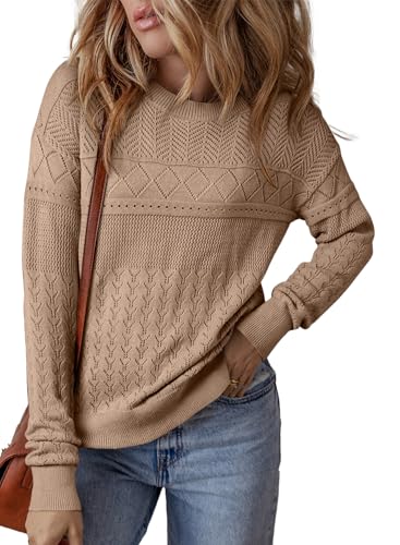 Image of SHEWIN Fall Sweaters for Women 2025 Lightweight Long Sleeve Knit Crew Neck Crochet Sweater Womens Tops Dressy Casual, Light Beige, XL