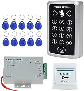 NN99 Access Control System Kit RFID Keypad Card Reader with Power Supply + Door Exit Button + 10pcs 125KHz Keyfobs No Electric Locks