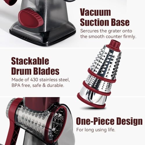 Image of KEOUKE Rotary Cheese Grater Hand Crank Transparent - Shredder Slicer Grinder 3 Stainless Steel Blades, Stable Suction, Labor-Saving Handle, Safe Kitchen Tool for Cheese, Vegetable, Nuts, Chocolate