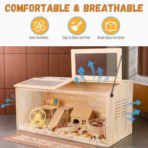 Wooden Hamster Cage,32" Lx16 Wx16 H,2 Washable Liner, Animal Cabinet for Dwarf Syrian Hamsters Degus, Hamster Habitat with Openable Top and Large Acrylic Sheets, Natural Wooden Hamster Habitat - Image 4