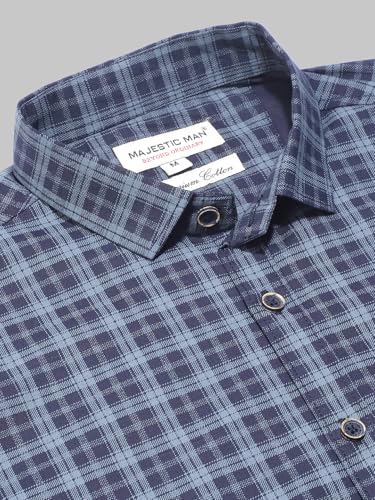 Image of Majestic Man Men Comfort Slim Fit Checked Pure Cotton Half Sleeve Casual Shirt