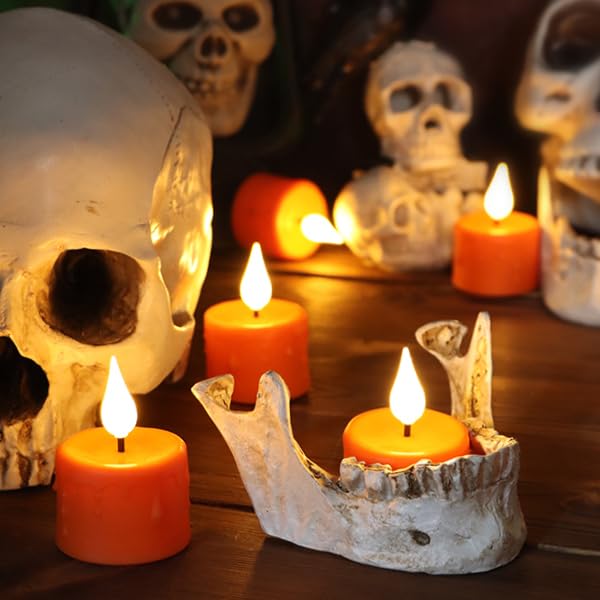 Image of 6 Pack Orange LED Tea Lights Rechargeable with Remote Control and Timer, Flickering Warm White Light, Flameless Candles with Charging Station and USB Cable