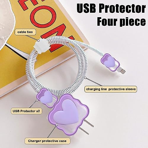 Image of Cartoon 3D Design Protective Case for 18W 20W iPhone 14 13 12 11 Pro Max Fast Charging Cable Adapter Charger, Cute Cartoon Lightning Data Cable Case for iPhone Charger-(Purple Heart)