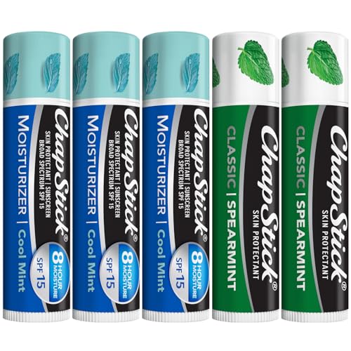 ChapStick Moisturizer 2-in-1 Lipcare SPF 15 Cool Mint 3-Pack + Classic Spearmint Lip Balm 2-Pack, 0.15 Oz Ea (5 Piece Set)