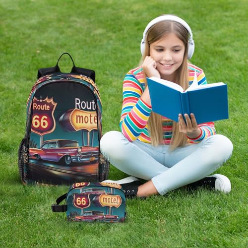 Kids Backpack Motel Route 66 School Bookbag with Lunch Bag for Boys Girls Preschool Kindergarten Elementary Laptop Daypack 6