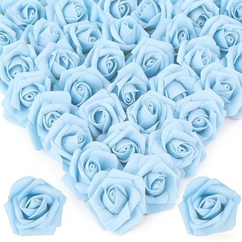 Image of 100Pcs Realistic Sky Blue Artificial Rose Flower Heads, Fake Sky Blue Foam Roses for DIY Wedding Decorations Baby Shower Centerpieces Home Party Valentine's Day Mother's Day Decor