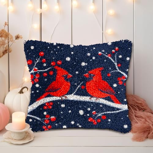 Image of DIY Latch Hook Pillow Kits for Adults Merry Christmas Red Cardinal Birds Pillow Cover Printed Pillowcase Crochet Yarns Hooking Handmade Cushion for Home Sofa Decoration 17x17inch(25)