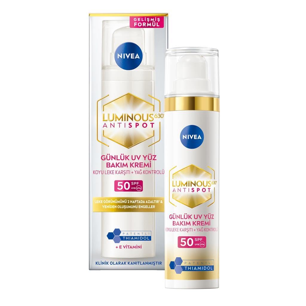 NIVEA Luminous630 Leke Karşıtı Gündüz Bakım Kremi 40ml, SPF50 Yüksek Güneş Koruyucu, Hyaluronik Asit, E vitamini, Hassas Cilt, Yüz Güneş Koruyucu, Koyu Leke, Güneş Lekesi Karşıtı